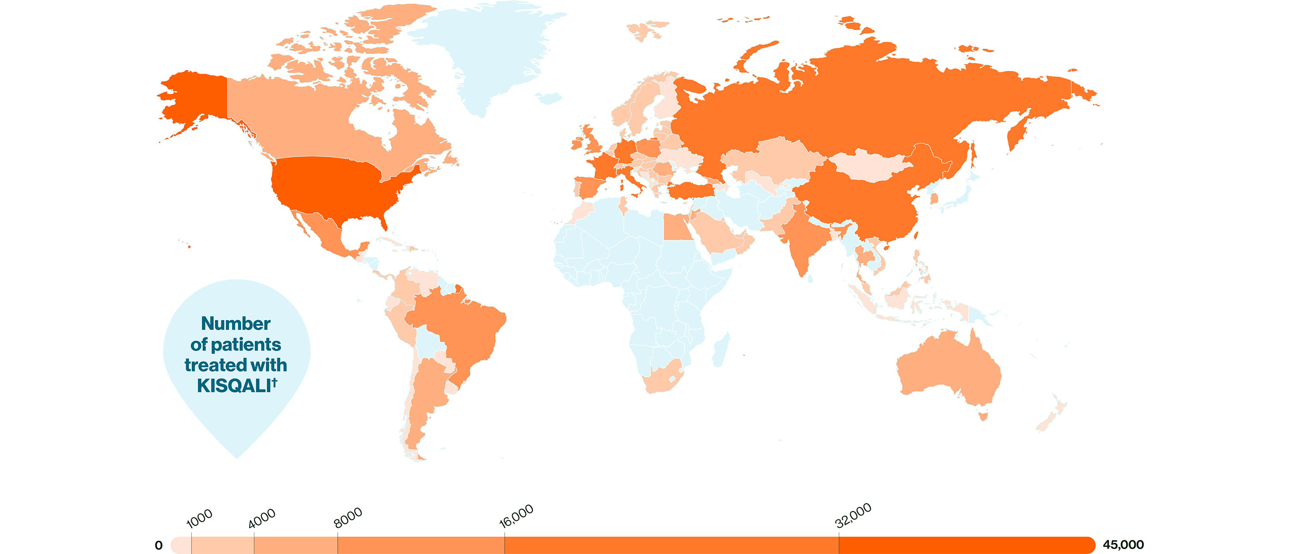 A world map showing the number of patients treated with KISQALI