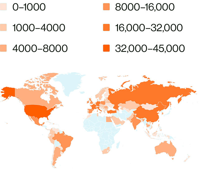 A world map showing the number of patients treated with KISQALI